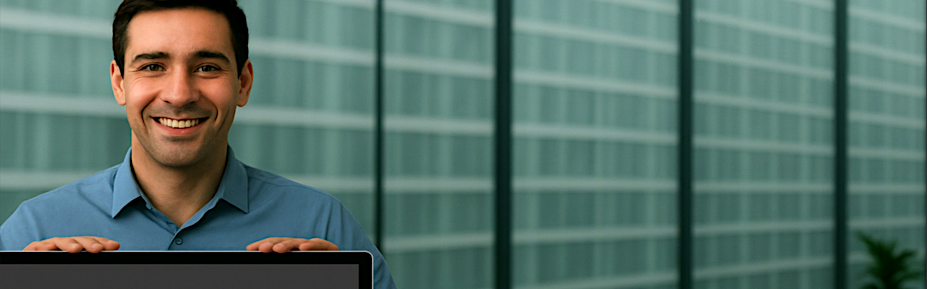 Hero image of a female teacher helping a male student, with a blue overlay on the right.