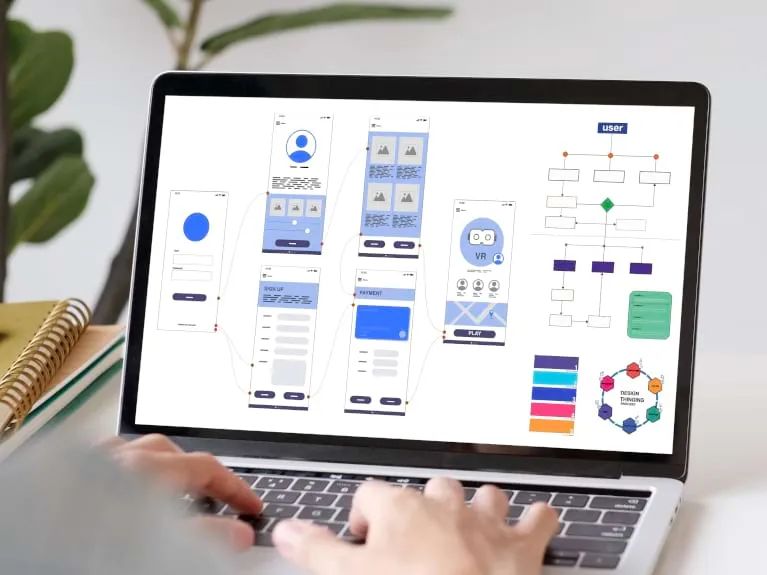 close-up photograph of a computer showing designs for an app.
